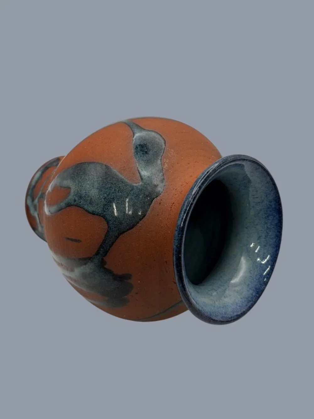 SIGNED Prisca Studio Pottery Vase Blue Drip Glaze Terracotta Art Ceramic 7.5”